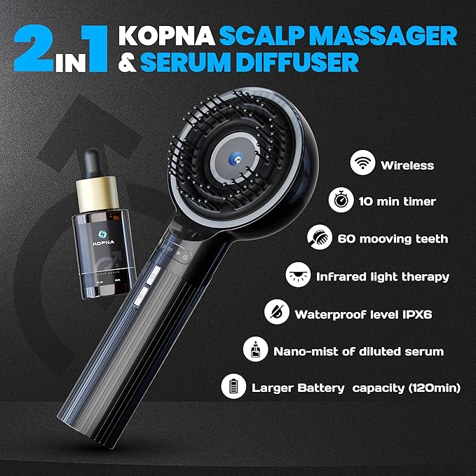 2-in-1 Electric Scalp Massager with Nano Mist Serum Applicator, Waterproof Rechargeable Head & Scalp Massage Brush with Moving Massage Teeth for Relaxing Scalp Care and Hair Care Routine