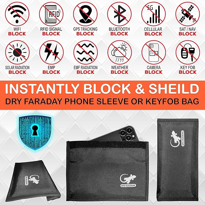Gecko Travel Tech RFID Faraday Bag - GPS, RFID, and EMP Signal Blocker | Nylon Shielding Pouch for Cell Phone Privacy, Car Key FOB Protection, and Electronic Device Security (BLACK - NYLON)