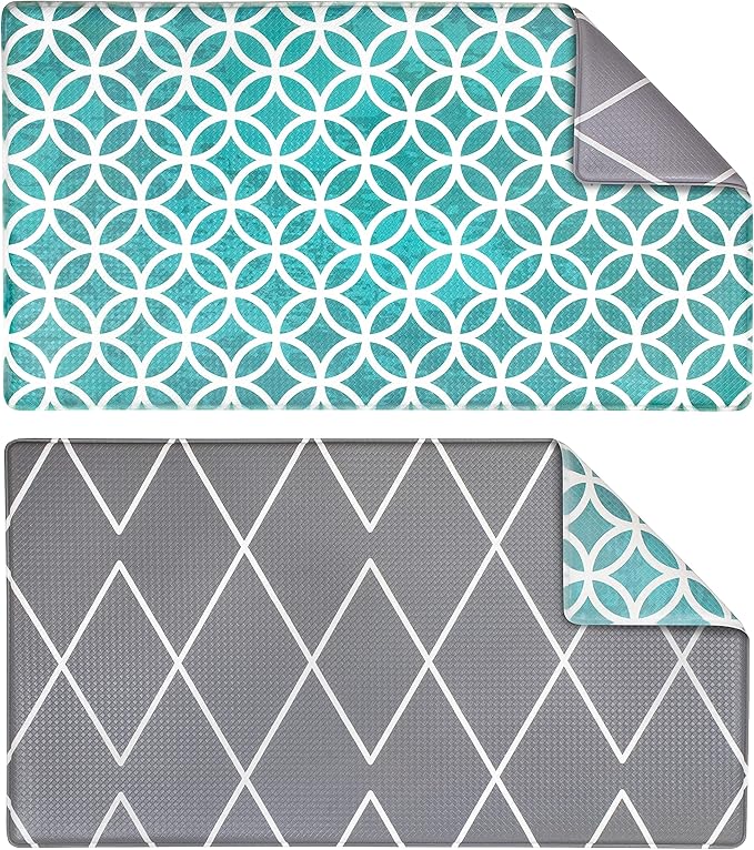 OPUX Anti Fatigue Kitchen Floor Mat, Reversible Cushioned Memory Foam Kitchen Rug Pad, Waterproof Non-Slip Padded Comfort Standing Mat Office Laundry Home, 32x17 (Geometric Teal Gray)