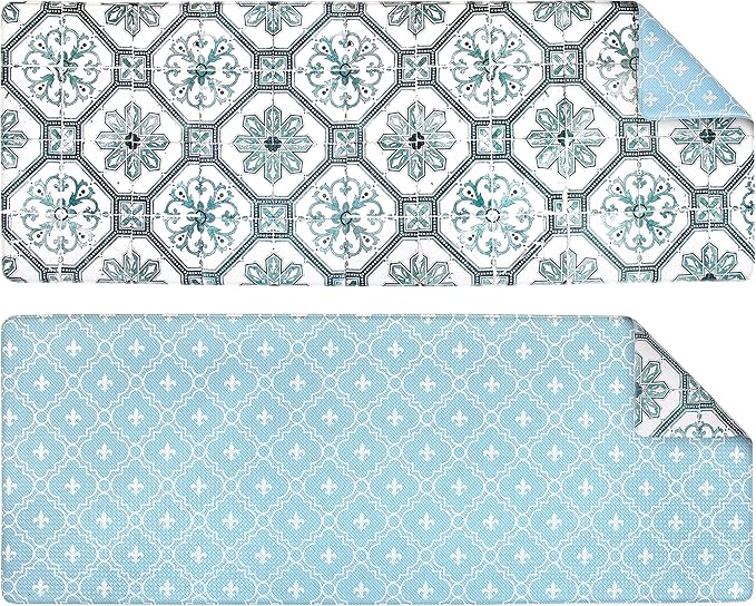 OPUX Anti Fatigue Kitchen Floor Mat, Reversible Cushioned Memory Foam Kitchen Rug Pad, Waterproof Non-Slip Padded Comfort Standing Mat Office Laundry Home, 47x17 (Floral Tile Blue)