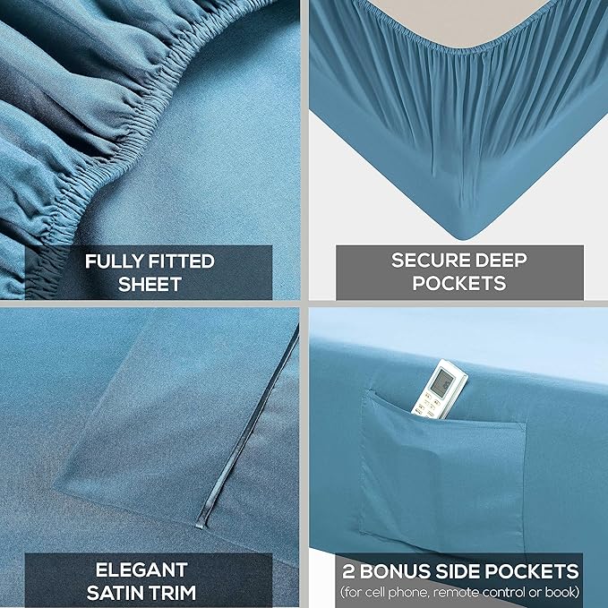Mueller Ultratemp Bed Sheets Set, Super Soft 1800, 6 Piece California King Sheet Sets, Deep Pocket up to 16", Transfers Heat, Breathes Better, Hypoallergenic, Wrinkle-Resistant, Oeko-TEX, Denim