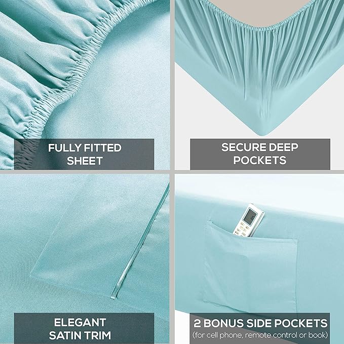 Mueller Ultratemp Bed Sheets Set, Super Soft 1800, 6 Piece Set, Deep Pocket up to 16" Sheets, Transfers Heat, Breathes Better, Hypoallergenic, Wrinkle, Aqua, California King