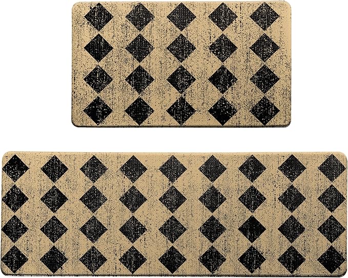 Brown Black Moroccan Trellis Checkered Kitchen Rug Sets [2 PCs], Anti-Fatigue, Waterproof Non-Slip Kitchen Mats Heavy Duty Ergonomic Comfort Foam Rug for Floor, Home, Laundry,17"x29"+17"x47"