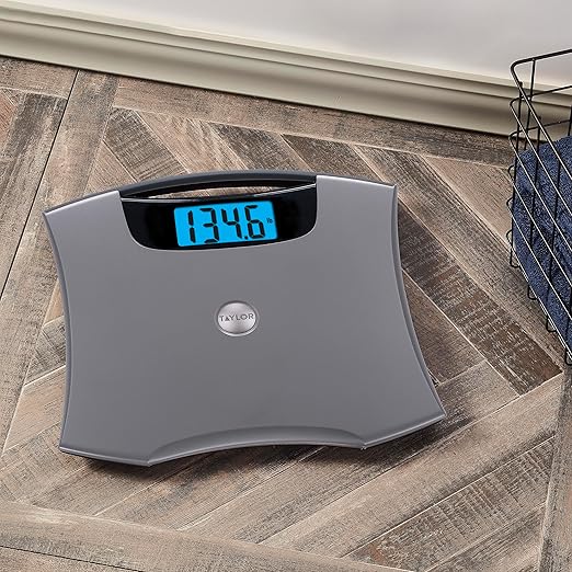 Taylor Digital Scales for Body Weight, Extra High 440 LB Capacity, Built in Handle, Jumbo Blue Readout, Durable Platform, 13.0 x 12.0 Inches, Silver Metallic