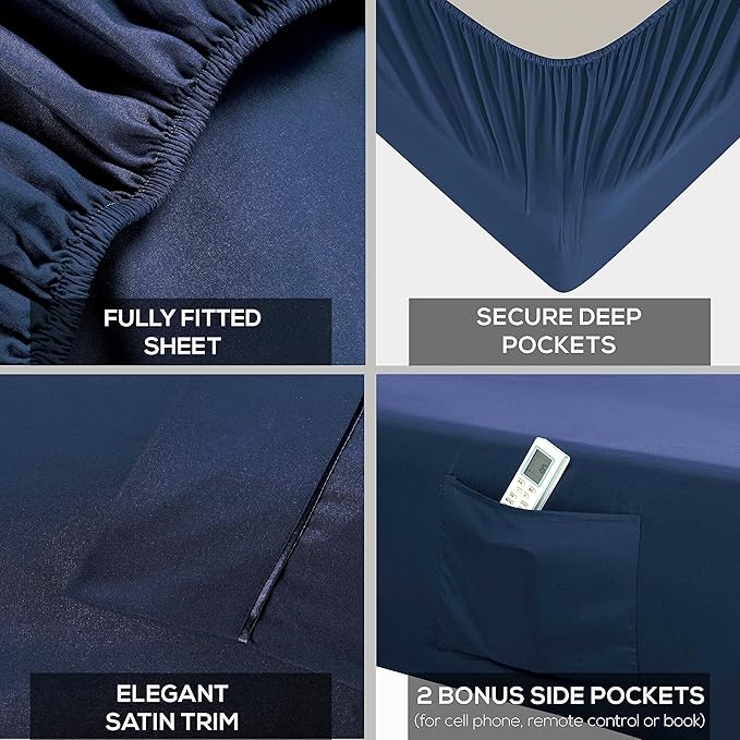 Mueller Ultratemp Bed Sheets Set, Super Soft 1800, 6 Piece California King Sheet Sets, Deep Pocket up to 16", Transfers Heat, Breathes Better, Hypoallergenic, Wrinkle-Resistant, Oeko-TEX, Navy