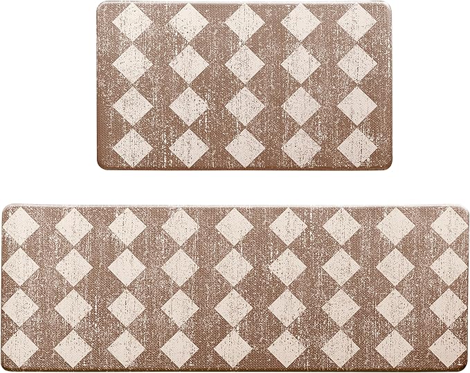 Khaki Beige Moroccan Trellis Checkered Kitchen Rug Sets [2 PCs], Anti-Fatigue, Waterproof Non-Slip Kitchen Mats Heavy Duty Ergonomic Comfort Foam Rug for Floor, Home, Laundry,17"x29"+17"x47"