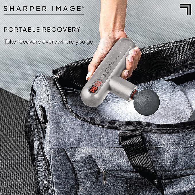 Sharper Image Powerboost Move - Mini Percussion Massage Gun| 4 Attachments, 4 Speeds, FSA Eligible| Full Body Back & Shoulder Massager| Deep Tissue Muscle Recovery| Portable Pain Relief Massage Tool