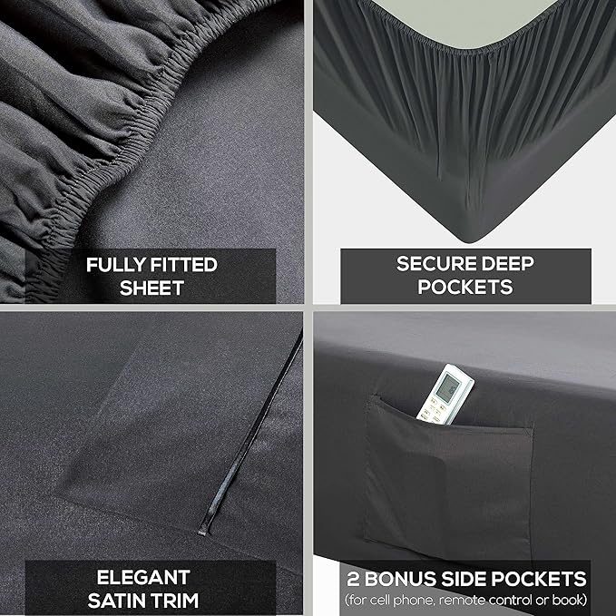 Mueller Ultratemp Bed Sheets Set, Super Soft 1800, 6 Piece California King Sheet Sets, Deep Pocket up to 16", Transfers Heat, Breathes Better, Hypoallergenic, Wrinkle-Resistant, Oeko-TEX, Dark Grey