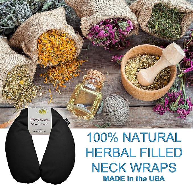 Microwavable Herbal Neck Wrap - Hot Cold Aromatherapy Neck Warming Pillow - Heating Pad for Migraines, Stress, Gifts for Women, Birthdays, Christmas and Free Sleep Mask - Black
