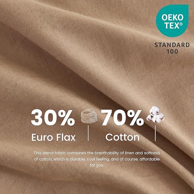 Simple&Opulence Belgian Linen Sheet Set Solid Color - 6 Pieces (1 Flat Sheet & 1 Fitted Sheet & 4 Pillowcases) 16" Deep Pocket Natural Flax Cotton Blended Soft Bedding - Clay, Queen Size