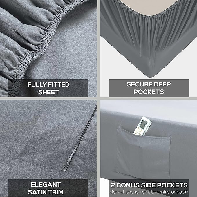 Mueller Ultratemp Bed Sheets Set, Super Soft 1800, 6 Piece California King Sheet Sets, Deep Pocket up to 16", Transfers Heat, Breathes Better, Hypoallergenic, Wrinkle-Resistant, Oeko-TEX, Light Grey