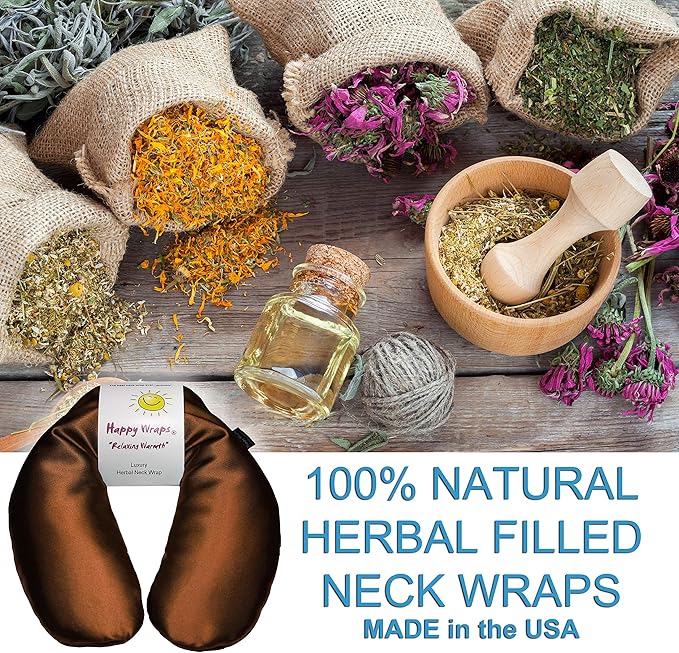 Microwavable Herbal Neck Wrap - Hot Cold Aromatherapy Neck Warming Pillow - Heating Pad for Migraines, Stress, Gifts for Women, Birthdays, Christmas and Free Sleep Mask - Copper Satin