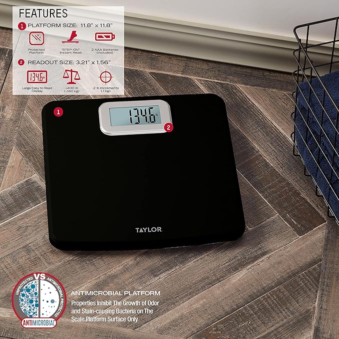 Taylor Digital Bath Scale with Antimicrobial Surface Protection, Bathroom Scale for Body Weight, 400 lbs. Black