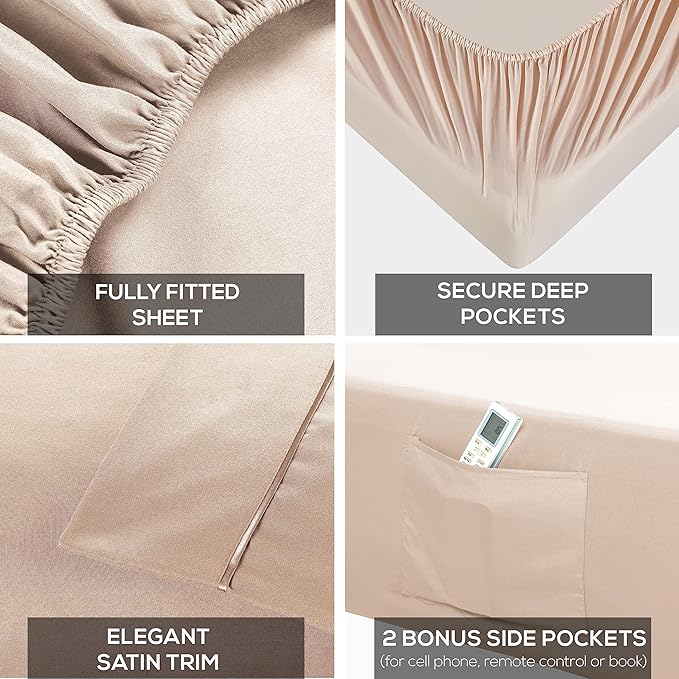 Mueller Luxury 6 PC Full Size Bed Sheets, Super Soft 1800, Deep Pocket up to 16" Full Size Sheets, Transfers Heat, Breathes Better, Hypoallergenic, Wrinkle-Resistant, Oeko-TEX, Cream