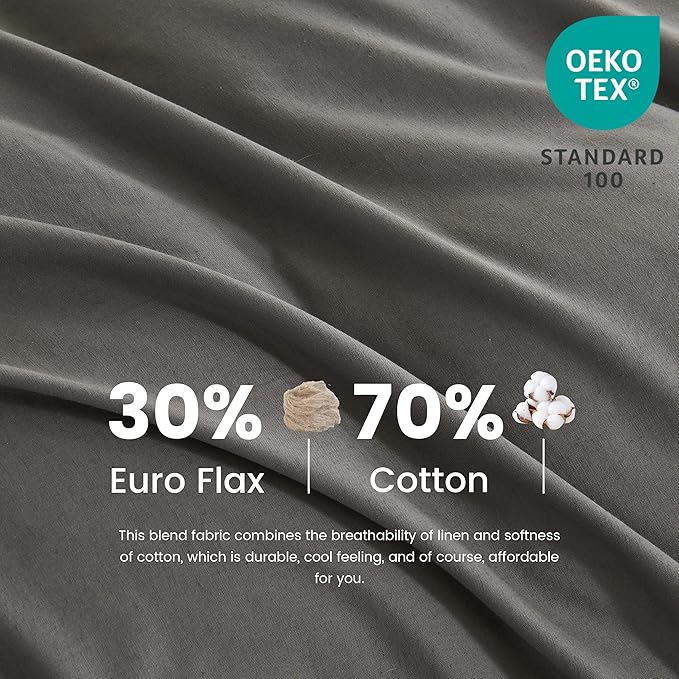 Simple&Opulence Belgian Linen Sheet Set Solid Color - 6 Pieces (1 Flat Sheet & 1 Fitted Sheet & 4 Pillowcases) 16" Deep Pocket Natural Flax Cotton Blended Soft Bedding - Dark Grey, California King