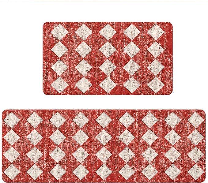 Moroccan Trellis Red Checkered Kitchen Rug Sets [2 PCs], Anti-Fatigue, Waterproof Non-Slip Kitchen Mats Heavy Duty Ergonomic Comfort Foam Rug for Floor, Home, Laundry,17"x29"+17"x47"