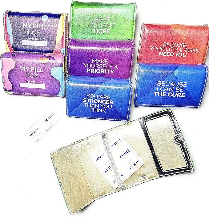 Weekly Pill Box Organizer, 8 Compartments, Portable Travel Pill Case, Folding Cover to Hold Medication, Supplements - Inspirational Blue