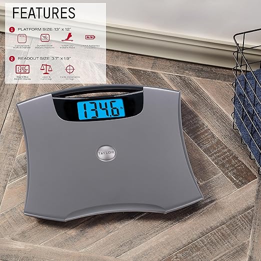 Taylor Digital Scales for Body Weight, Extra High 440 LB Capacity, Built in Handle, Jumbo Blue Readout, Durable Platform, 13.0 x 12.0 Inches, Silver Metallic