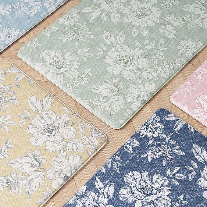Laura Ashley - Anti-Fatigue Kitchen Mat, Iris Floral Design, Stain, Water & Fade Resistant, Cooking & Standing Relief, Non-Slip Backing, 2 Piece Set: 17.5" x 60" / 17.5" x 28" Sage Green Iris