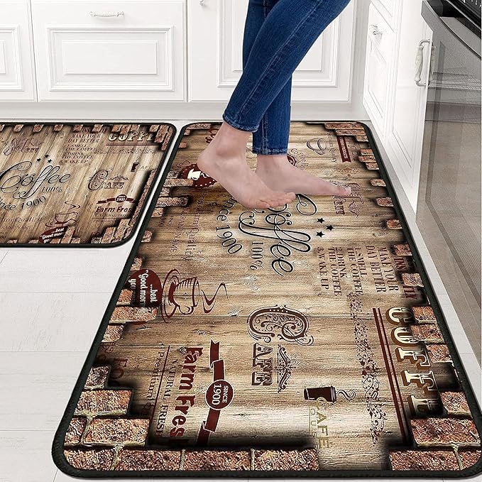 Coffee Kitchen Rugs 2 Piece Set for Floor Mat, Non Skid Washable Absorbent Microfiber Coffee Kitchen Mat for in Front of Sink for Standing for Home Coffe Kitchen Decor 17"X30"+17"X47"