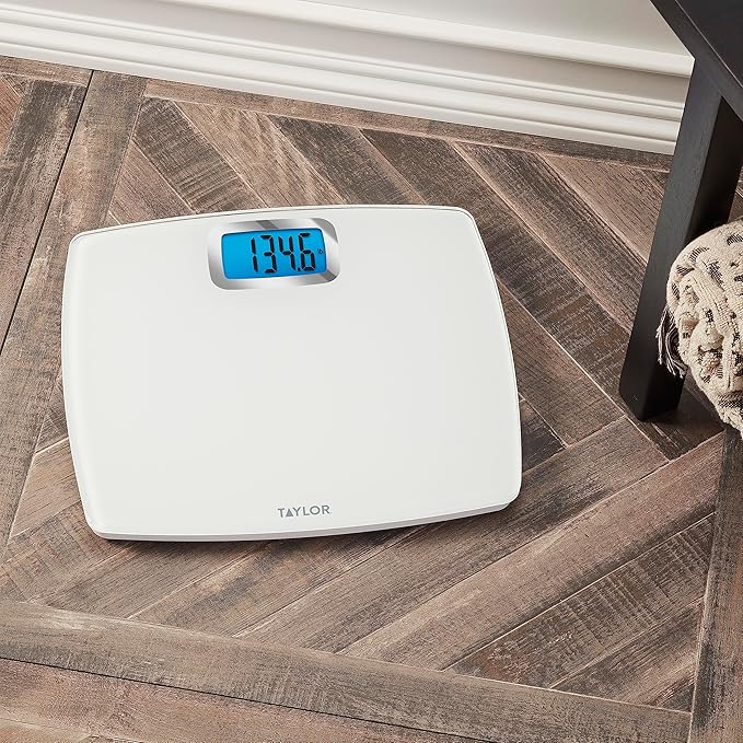 Taylor Digital Scales for Body Weight, Extra high 440 LB Capacity, Unique Blue LCD, Bright White Finish Extra LargePlatform, 12.2 x 13.5 Inches, White