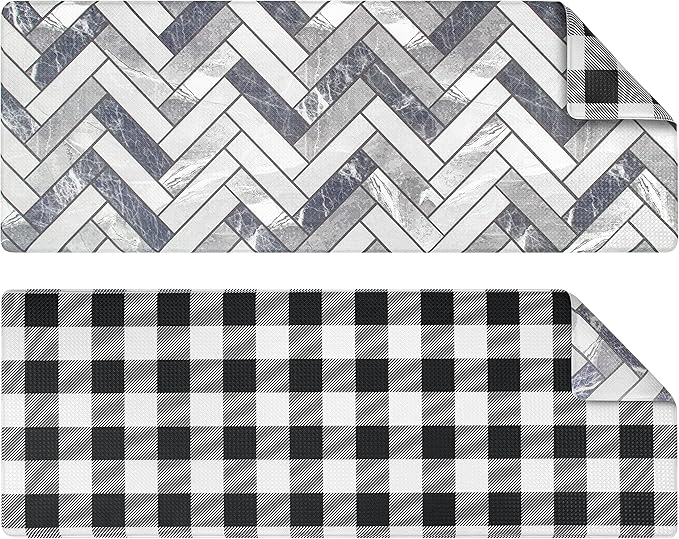 OPUX Anti Fatigue Kitchen Floor Mat, Reversible Cushioned Memory Foam Kitchen Rug Pad, Waterproof Non-Slip Padded Comfort Standing Mat Laundry Home, 47x17 (Buffalo Check Black White Herringbone)