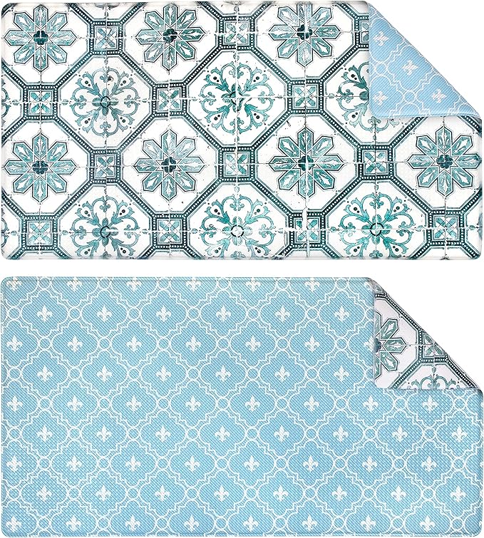 OPUX Anti Fatigue Kitchen Floor Mat, Reversible Cushioned Memory Foam Kitchen Rug Pad, Waterproof Non-Slip Padded Comfort Standing Mat Office Laundry Home, 32x17 (Floral Tile Blue)