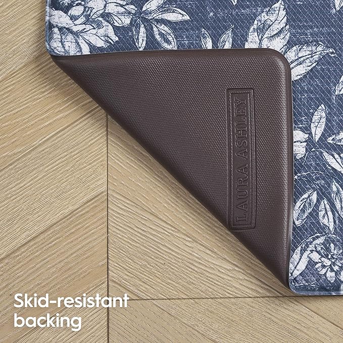 Laura Ashley - Anti-Fatigue Kitchen Mat, Iris Floral Design, Stain, Water & Fade Resistant, Cooking & Standing Relief, Non-Slip Backing, 2 Piece Set: 17.5" x 60" / 17.5" x 28" Navy Iris