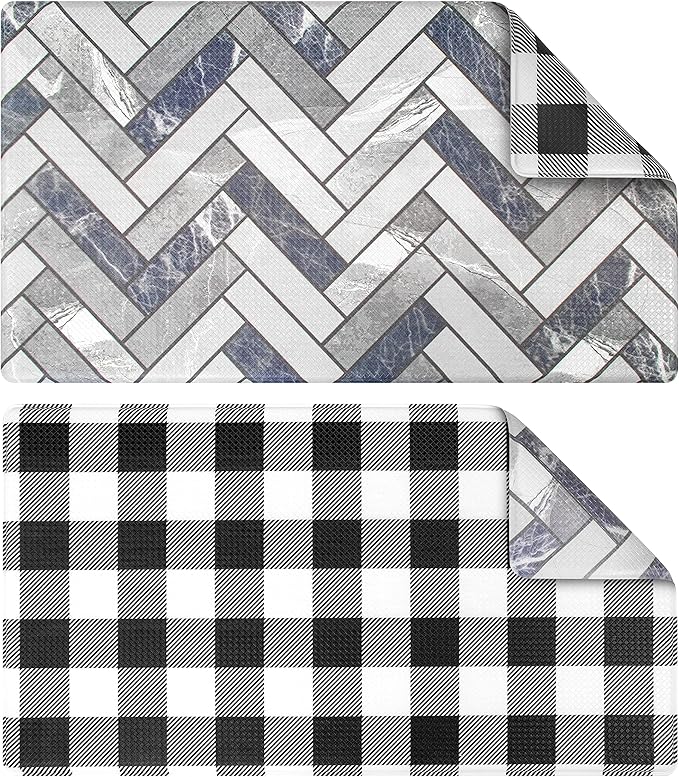 OPUX Anti Fatigue Kitchen Floor Mat, Reversible Cushioned Memory Foam Kitchen Rug Pad, Waterproof Non-Slip Padded Comfort Standing Mat Laundry Home, 32x17 (Buffalo Check Black White Herringbone)