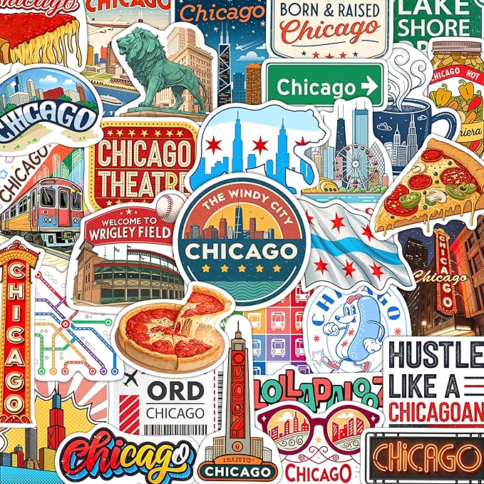 100Pcs Chicago Stickers and Decals for Luggage, Water Bottle - Chicago Gifts, Party Supplies - Travel USA Cities Stickers - Gift for Women & Men