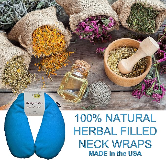 Microwavable Herbal Neck Wrap - Hot Cold Aromatherapy Neck Warming Pillow - Heating Pad for Migraines, Stress, Gifts for Women, Birthdays, Christmas and Free Sleep Mask - Turquoise