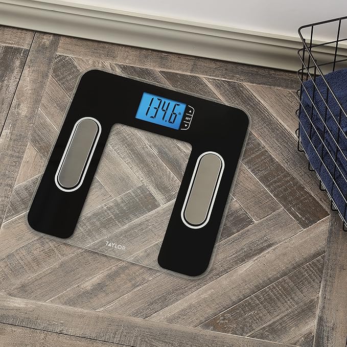 Taylor Digital Glass Body Composition Scale, Bathroom Scale for Body Weight, Measures Body Fat, Body Water, Muscle Mass and BMI, 10-User Recognition, FSA HSA Eligible, 400 lb Capacity, White and Black
