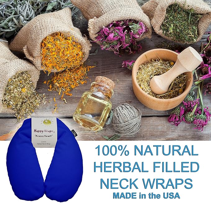 Microwavable Herbal Neck Wrap - Hot Cold Aromatherapy Neck Warming Pillow - Heating Pad for Migraines, Stress, Gifts for Women, Birthdays, Christmas and Free Sleep Mask - Navy Cotton