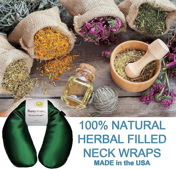 Microwavable Herbal Neck Wrap - Hot Cold Aromatherapy Neck Warming Pillow - Heating Pad for Migraines, Stress, Gifts for Women, Birthdays, Christmas and Free Sleep Mask - Jade Satin